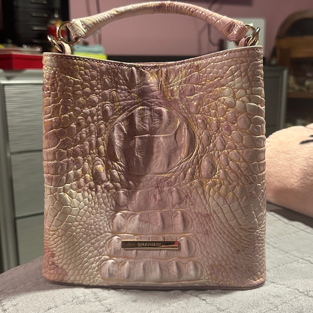 Brahmin Pink and Gold Croc-Embossed Shoulder Bag